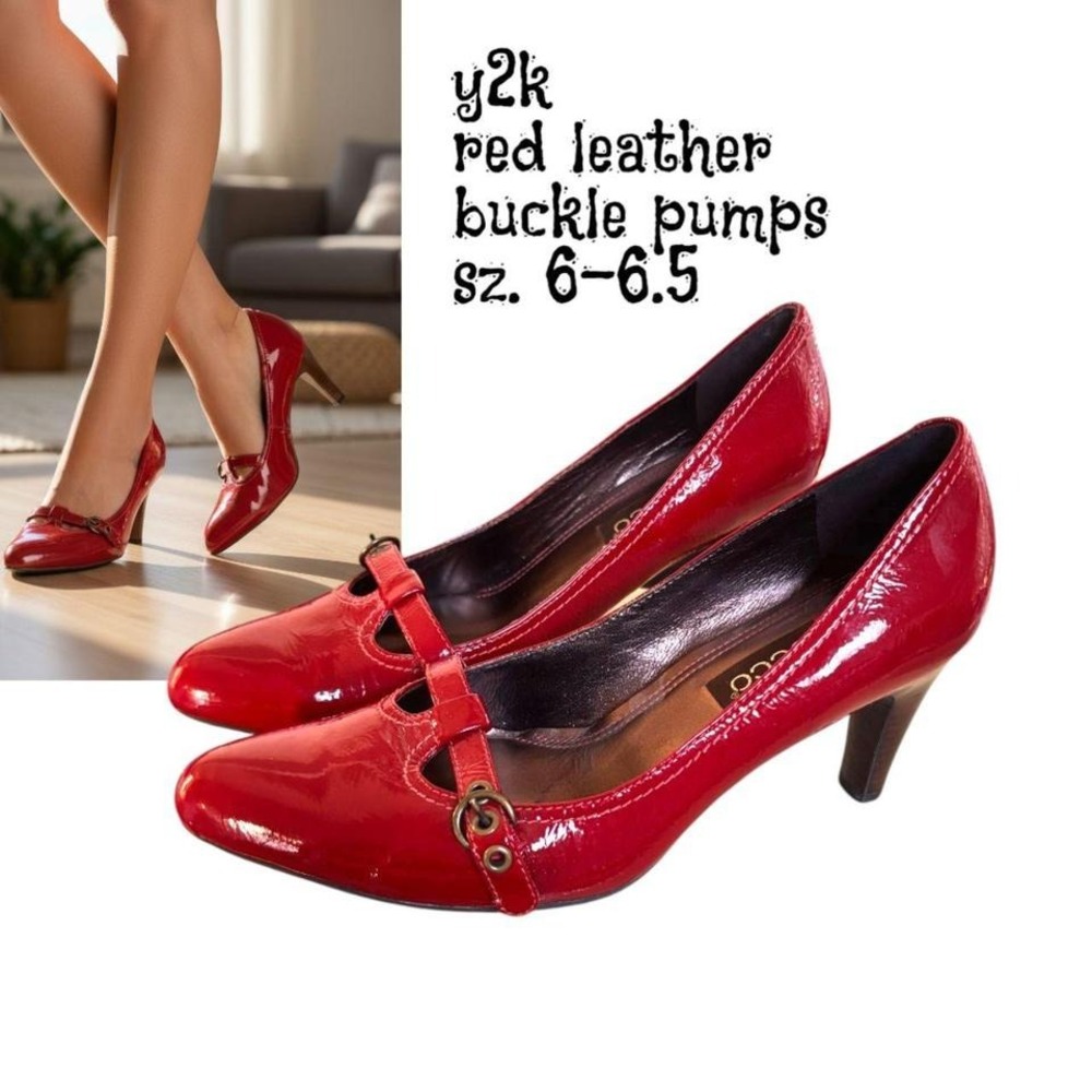 Y2K VINTAGE RED LEATHER BUCKLE‎ PUMPS HEELS ECOO 6-6.5 EUC